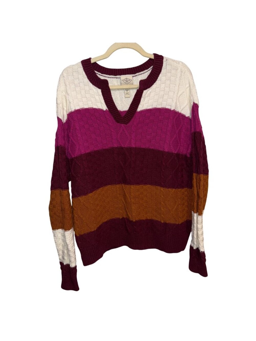 St. Johns Bay Womens Striped Cable Knit Sweater Long Sleeve V-Neck Size L